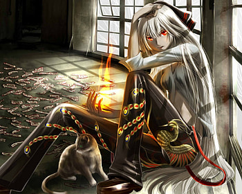 Fujiwara no Mokou, kitten, silver hair, kitty, glow, red eyes, long hair, creepy, magical, sinister, talisman, female, sexy, magic, hot, evil, girl, cat, anime girl, creep, anime, serious, light, touhou, fire HD wallpaper