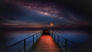 Pier, night, starry sky, art HD wallpaper