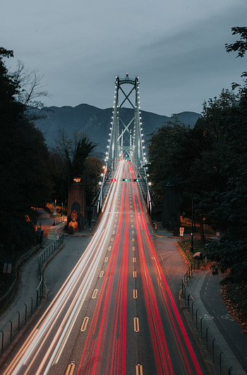 Bridge, highway lights, lights trails, evening HD phone wallpaper