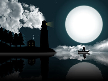 Sky, Sea, Moon, Vector, Shore, Bank, Shine, Light, Forest, Boat, Lighthouse HD wallpaper