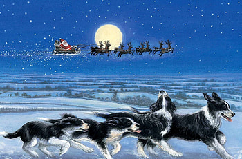 Santa is coming, night, dog, craciun, running, art, painting, moon, reindeer, christmas, border collie, pictura, luna, sky, caine, santa HD wallpaper