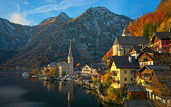 Autumn at Hallstatt, Austria, colors, trees, clouds, sky, mountains, alps, lake, village, fall HD wallpaper