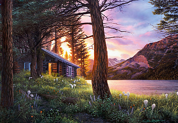 Blissful Solitude, artwork, river, painting, trees, sky, mountains, forest, cabin HD wallpaper