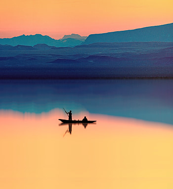 Lake, silhouette, fishing, horizon, sunset HD phone wallpaper