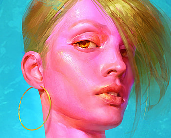 Portrait, blue, art, girl, earring, pink, fantasy, face, luminos, maria poliakova HD wallpaper