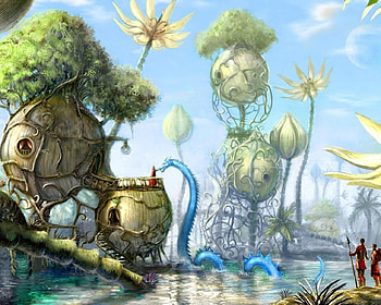 a strange world, blue, serpent, houses, strange HD wallpaper
