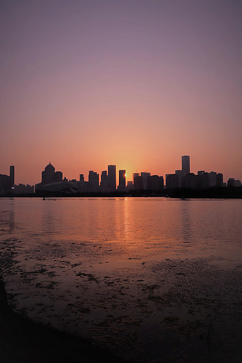 Cities, Sunset, Sea, City, Building, Rays, Beams HD phone wallpaper