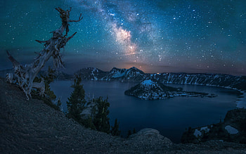 Milky Way over Crater Lake, Oregon, stars, moon, night, trees, water, usa HD wallpaper
