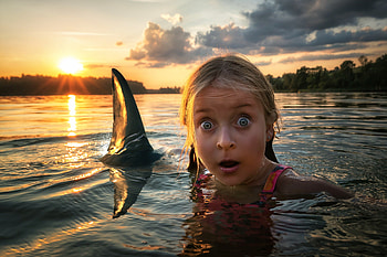 End of story, sea, situation, john wilhelm, girl, shark, copil, summer, lou, creative, scared, funny, water, child HD wallpaper