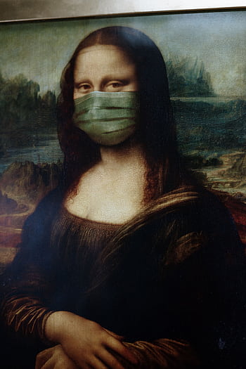 A humorous twist on the Mona Lisa, showcasing modern health awareness with a mask. HD phone wallpaper