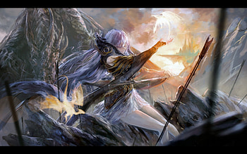 Come to ME!, pixiv fantasia, awesome, purple hair, cute, arrmor, long hair, dress, purple eyes, beauty, nice, arrows, game, castle, female, sunset, sweet, magic, city, beautiful, weapons, armor, mountain, anime girl, dragons, anime, fantasy, pretty, lights, cool, sky HD wallpaper