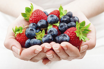 For you!, strawberry, green, red, blueberry, fruit, berry, woman, hand HD wallpaper