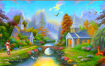 Beautiful day, trees, church, art, painting HD wallpaper