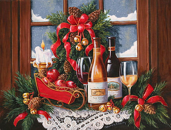 Christmas Cheer, table, window, doily, pine cones, ribbons, bells, garland, apples, painting, candle, snow, decorations, glasses, candle holder, wine, wreath HD wallpaper