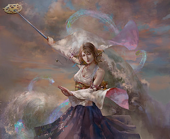 Yuna, kimono, christian angel, fantasy, art, luminos, girl HD wallpaper