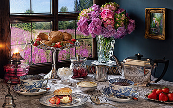 Tea party, Kettle, Window, Lamp, Flowers, Berries HD wallpaper