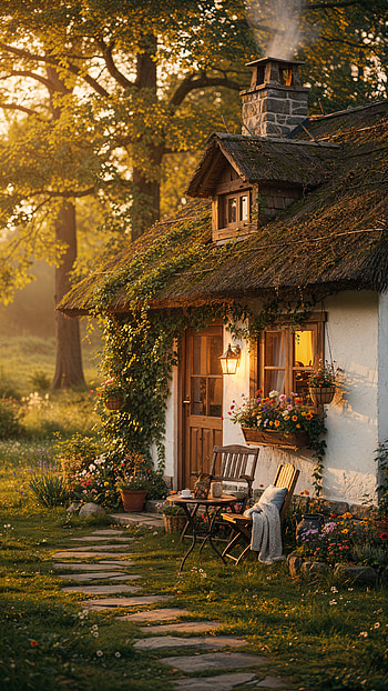 Sunlit Cottage | Cozy Cottage | Pocket Cottage Glow | Evening Hearth , cottage, garden HD phone wallpaper