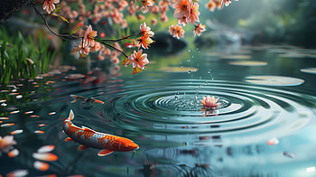 : Koi Fish and Blossom Petals with Water Drop Ripples, koi, fish, water drop HD wallpaper