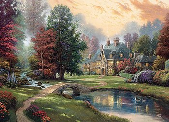 :), thomas kinkade, art, painting, pictura, house, bridge, cottage, water HD wallpaper