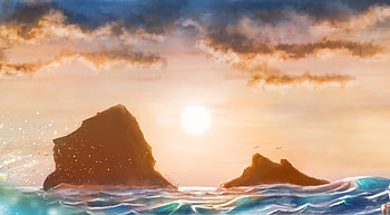 Sunset, Art, Sea, Waves, Rocks HD wallpaper