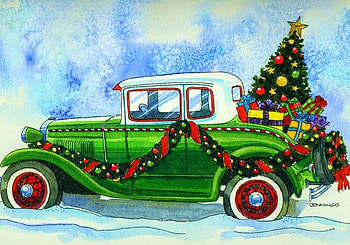 Vintage Christmas, winter, artwork, painting, car, snow, ornaments, tree HD wallpaper