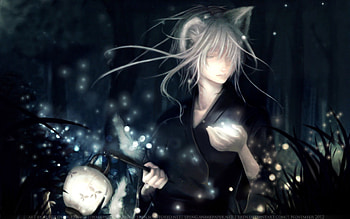 Kitsune, night, sexy, white, black, hot, cute, fox, dark, anime, light, lantern HD wallpaper