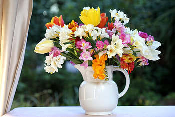 Flowers, Tulips, Bouquet, Jug, Window, sia HD wallpaper
