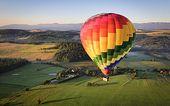 In Sky of Poland, colors, fields, hot air balloon, Poland HD wallpaper