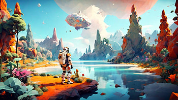 Alien Planet, alien, planet, polygon, astronaut, lake HD wallpaper