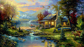 Nature's Paradise, creek, birds, lake, cabin, artwork, painting, deer, trees, mountains HD wallpaper