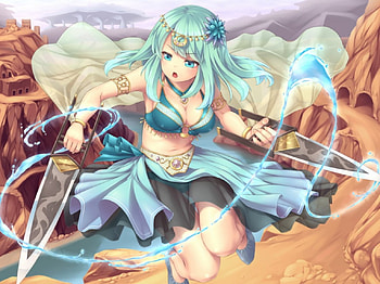 Magic Water, blue, cute, top, long hair, beauty, rude, mountains, water, female, skirt, golden, magic, art, girl, beautiful, weapons, woman, anime, pretty, lovely, hair HD wallpaper