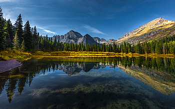 Lake Josephine, evening, sunset, mountain lake, Rocky Mountains, Glacier National Park, mountain landscape, Montana, USA HD wallpaper
