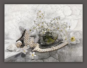 Precious, white, shells, daffodils, refelection, vase, beautiful, jewelry, statue, still life, petals, pearls, flowers HD wallpaper