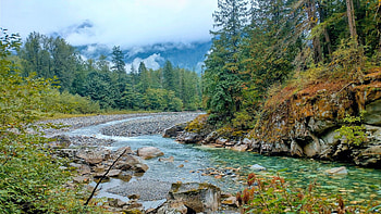 Coquihalla River, British Columbia, Canada, trees, clouds, sky, rocks, mountains, stones HD wallpaper