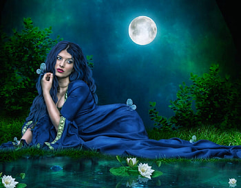 Queen of the Moon, night, blue, graphy, mood, art, girl, beautiful, people, serene, woman, digital, moon, fantasy, pretty, water, lovely HD wallpaper