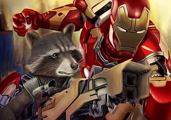 Rocket Raccoon And Iron Man Digital Art, rocket-raccoon, iron-man, digital-art, artist, deviantart, artwork HD wallpaper