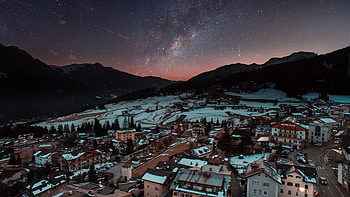 Winter, city, aerial view, milky way, night HD wallpaper