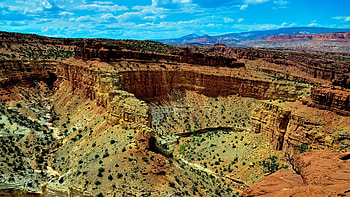 Goosenecks Overlook - Capitol Reef National Park, Utah, canyons, clouds, landscape, trees, sky, rocks, usa HD wallpaper