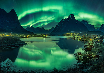 Northern lights, Night, Houses, Shore, Pond, Norway, Mountains HD wallpaper