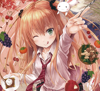 Bunny, Anime, Girl, Apple, Fruit, Green Eyes, Heart, Long Hair, Mushroom, Orange Hair, Tie, Wink HD wallpaper