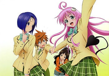 Haruna, Rito, Mikan and Lala, peke, purple hair, to love ru, pink hair, long hair, haruna sairenji, lala satalin deviluke, short hair, yuuki mikan, yuuki rito HD wallpaper