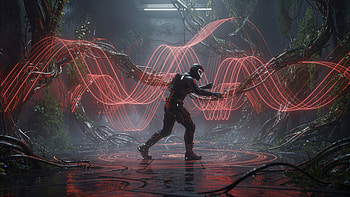 — Neon Sentinel in the Red Wave Forest, Astronaut HD wallpaper