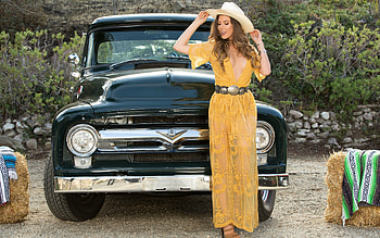 Cowgirl Gia Ramey and a Classic Ford Pickup, ford, cowgirl, blonde, dress, hat HD wallpaper