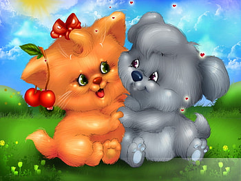 Valentine kittens, sweet, cartoon, kitties, cats, cute, lovers, in love, kittens, valentine, painting HD wallpaper