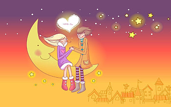Sky, Moon, Love, City, Sit, Couple, Pair, Date HD wallpaper