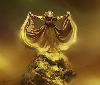 Glowing in gold, golden, beautiful, dress, gold, woman, rock HD wallpaper