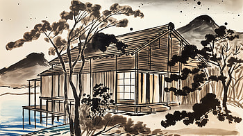 Serene Japanese Retreat: Ultra, artistic, cabin, landscape painting HD wallpaper