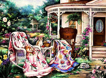 Cozy Corner, artwork, chairs, painting, house, cats, garden HD wallpaper
