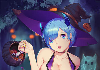 Happy Halloween!, blue, girl, orange, witch, purple, halloween, anime, REM, manga, hat HD wallpaper