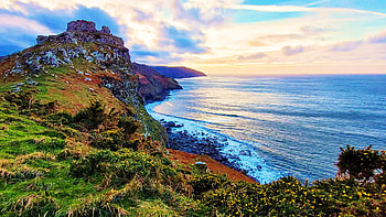 Valley of Rocks, UK, coast, sea, hills, sunlight, clouds, landscape, sky HD wallpaper